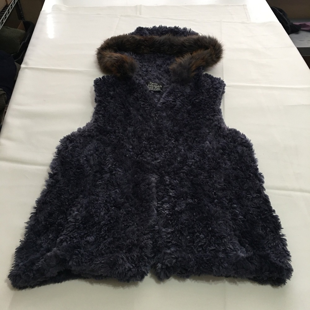 Paula Lishman Knit Fur Vest Womens Size Small Blue Hooded Real Fur Trim